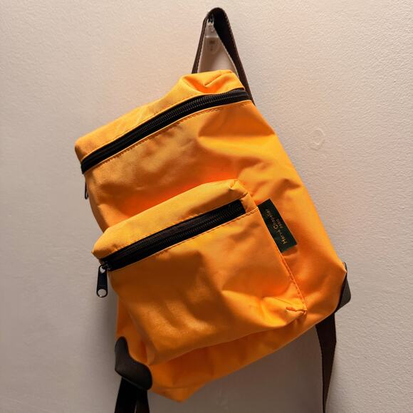 Hervé Chapelier Paris Orange Nylon Backpack Brown Straps Leather Corners Small - Picture 2 of 6